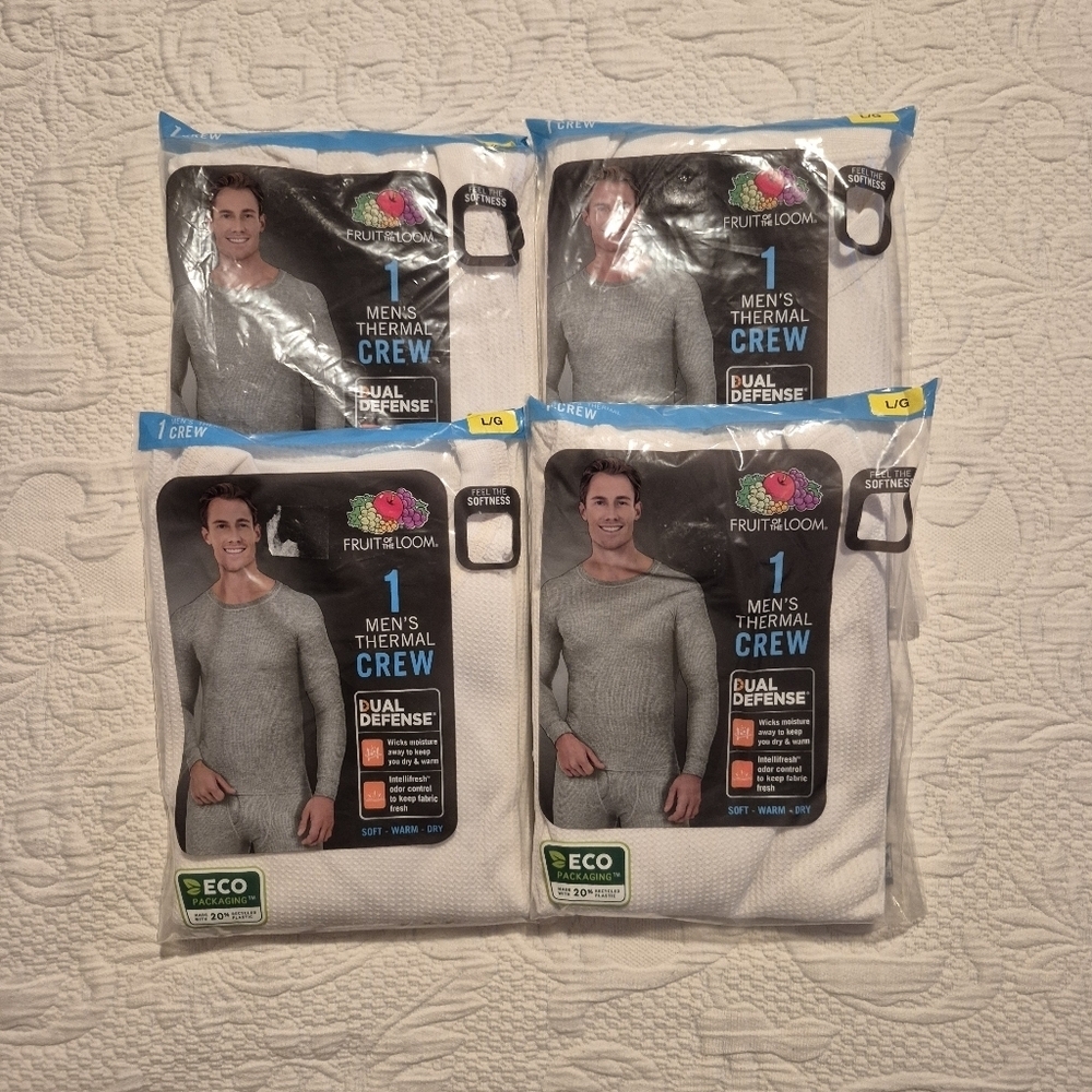 Fruit of the Loom men's size Large, white Thermal crew long sleeve shirt x 4